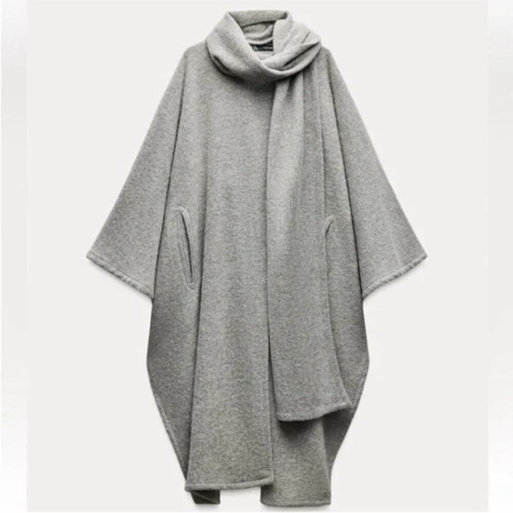 NEW W TAGS Zara Alpaca Wool Blend  Medium Grey Scarf Cape Coat - Picture 2 of 10